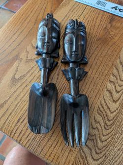 MCM vintage hand carved tiki, Hawaiian, African figures on fork and spoon mid century wall art, large carved fork and spoon, hanging wooden utensils