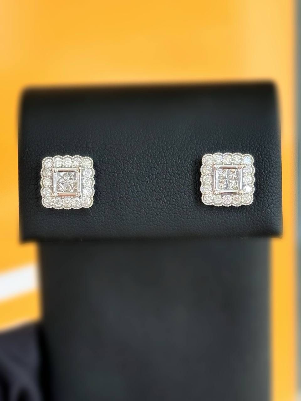 14K White Gold 1.5CTW Natural Diamond Studs Princess & Round Cut Square Shape Earrings