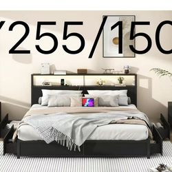 Y255🔥King Size Bed Frame with LED Light Headboard & Outlets, Metal Platform Bed with 4 Storage Drawers, 2 Tier Headboard$150