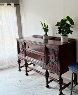 Antique Dark Wood Carved Sideboard Buffet
