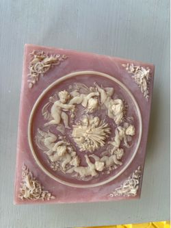 Vintage Incolay Stone Composite Jewelry Box With Tray Cherub Angels & Floral