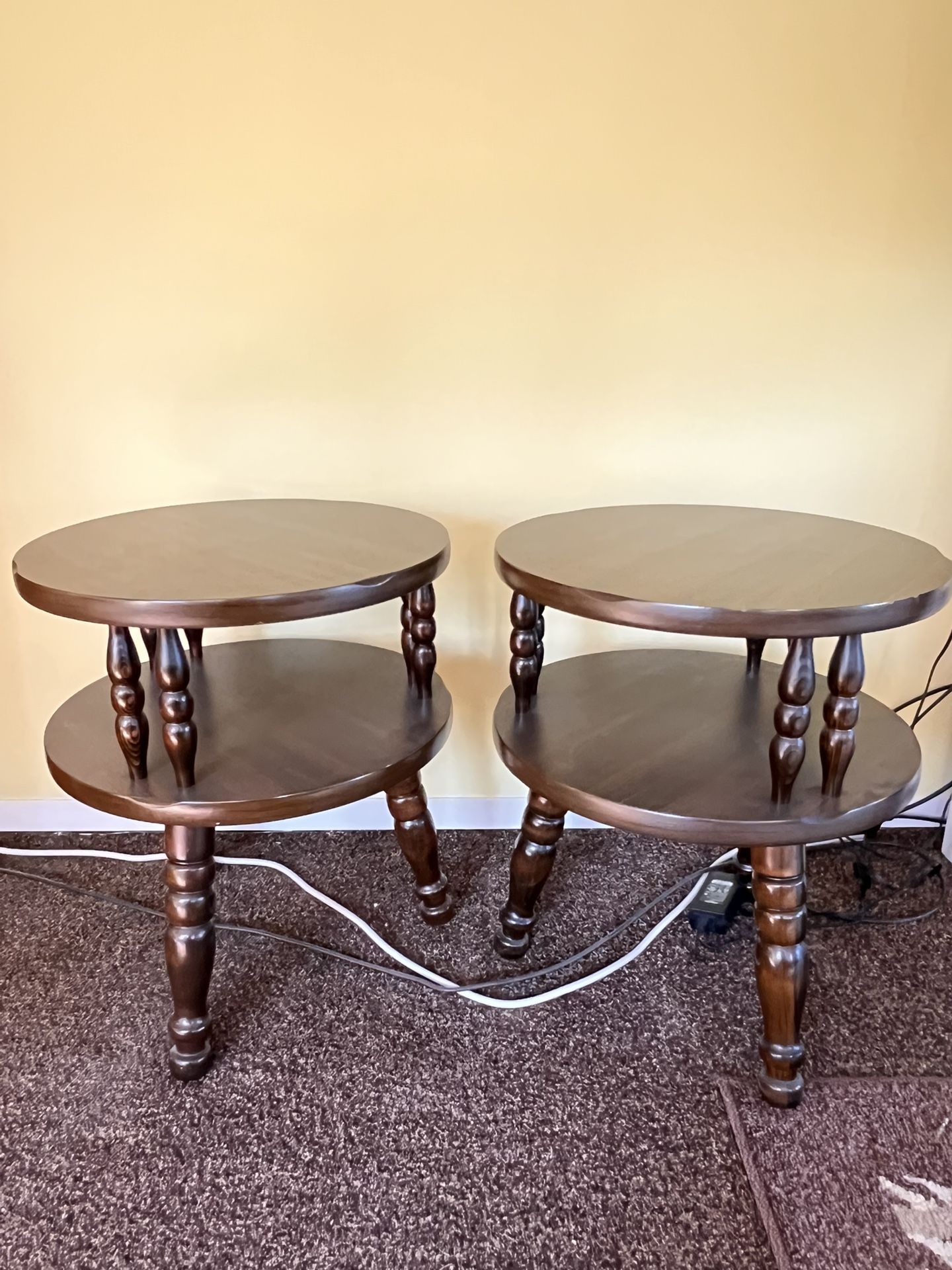 MCM George B. Bent 2-tiered Round Maple Side Tables Set