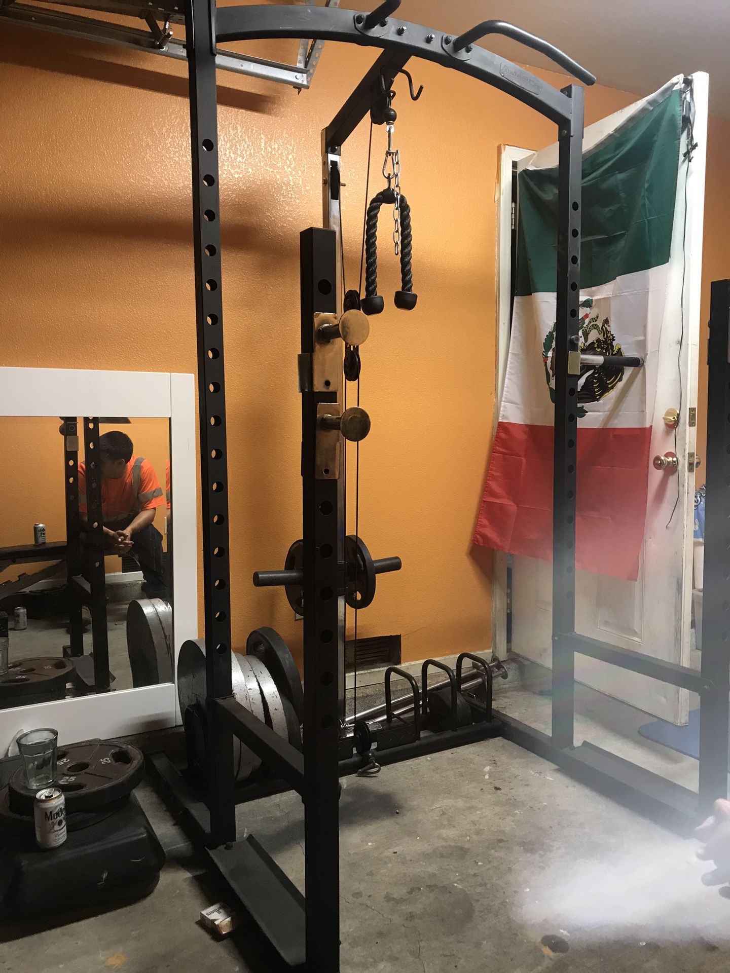 Weights, rack, bench press