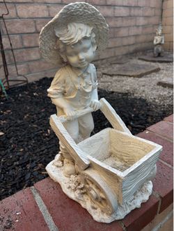 Vintage Boy with Wheelbarrow Garden Statue Planter