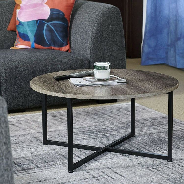 Grey Top Black Frame Round Coffee Table for Living Room