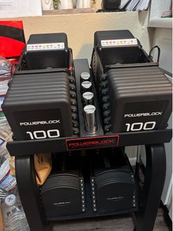 POWER BLOCK PRO 5-100 LBS EXP ADJUSTABLE DUMBBELL WEIGHTS KNURLED WITH HEAVY DUTY STAND