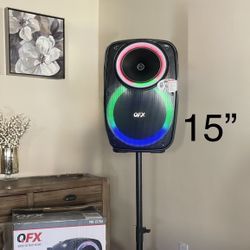 QFX 15” Bluetooth Rechargeable Party Speaker with Microphone , LED Party Lights  & Stand Included 🔊🎤🎶🔊🎶🎶  Brand new  