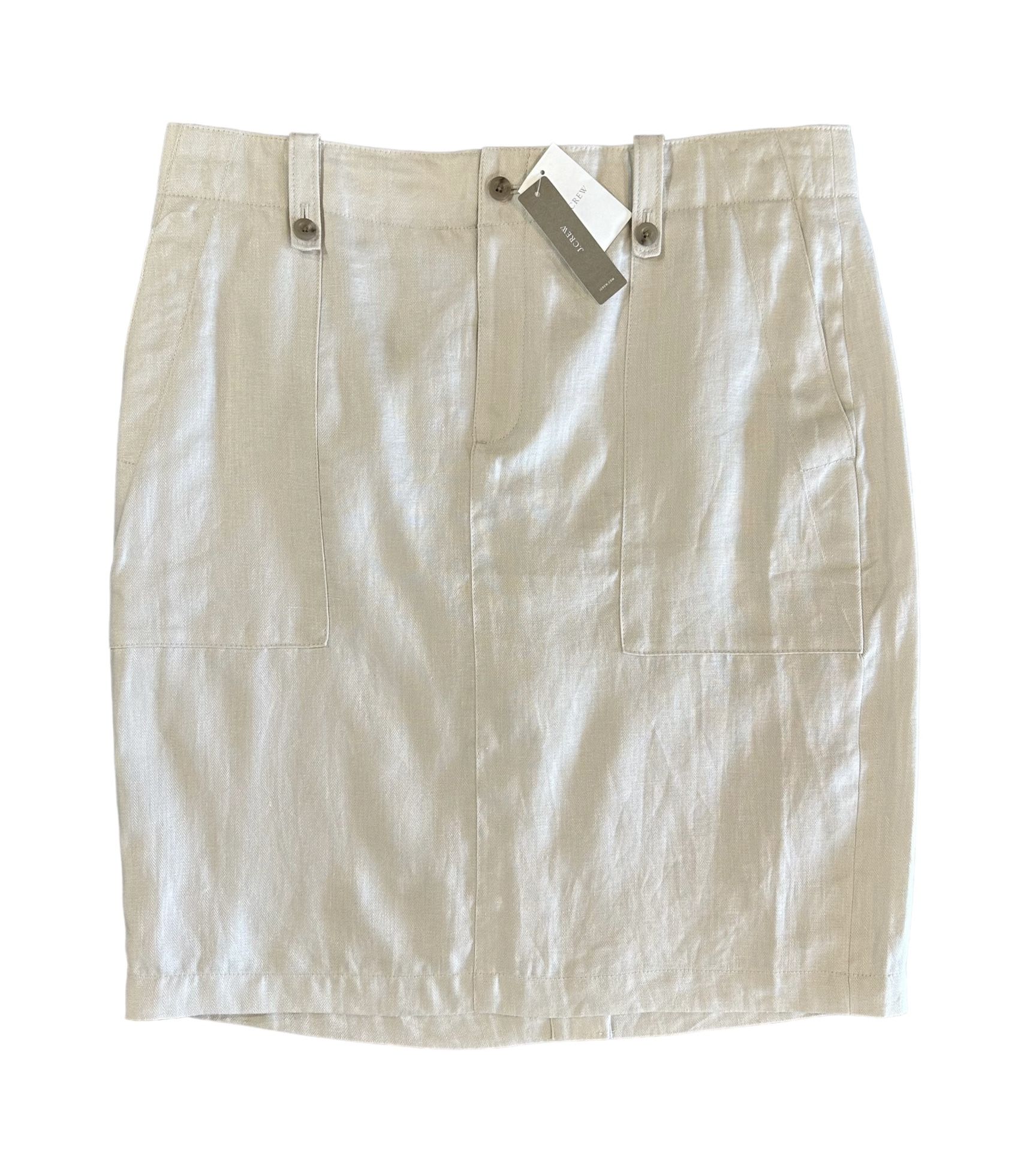 NWT $98 J Crew Women's Size 14 100% Linen Pencil Skirt Beige Pockets Knee Length