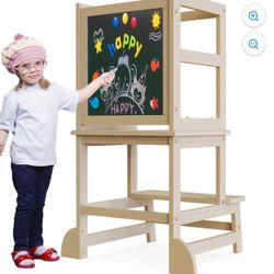 Step Stool for Kids with Chalkboard Safety Rail for Toddlers 18 Months and Older, Wood, Natural