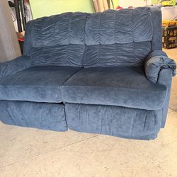 Blue suede love seat couch