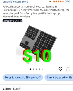 Foloda Bluetooth Numeric Keypad, Aluminum Rechargeable 34-Keys Wireless Number Pad External 10 Keys Numpad Data Entry Compatible for Laptop MacBook Ma