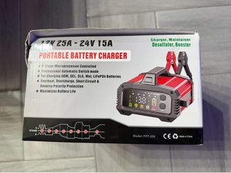 Versatile red and black smart battery charger is an 8-stage microprocessor-controlled unit. This YONHAN FPT-250 model supports 12V 25A and 24V 15A cha