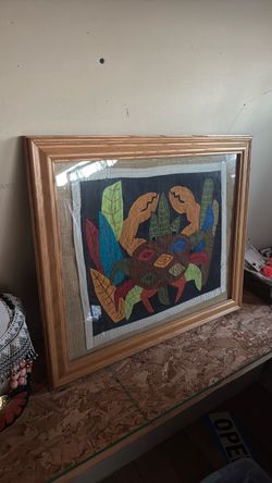 Framed Folk Art Textile Crab Wall Piece