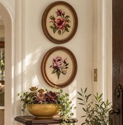 Vintage Pair 2 Framed Needlepoint Floral Wall Art Oval Wooden style Flowers Cottage Decor Handmade Collectible Granny Wall Hanging Artwork Knit