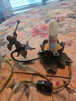 Vintage Bronze Tone Night Light Lamp w/Cherub playing Trumpet