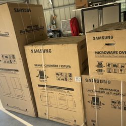 Samsung 33" Counter Depth Refrigerator, Samsung Conventional Range, Samsung Microwave, Samsung Dishwasher, All New in Box, Factory Warranty.
