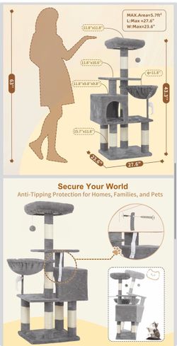 Gray Cat Tree Tower with Scratching Posts