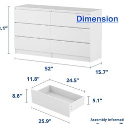 🥨Cozy Castle 52'' White Dresser for Bedroom, Modern 6 Drawer Dresser, Wood Chest of Drawers with Deep Drawers, Wide Storage Cabinet for Living Room