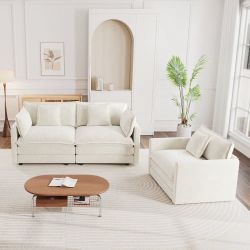 2 Seater Loveseat and Chair Set – 2-Piece Upholstered Chenille Sofa Set, Loveseat + Accent Chair for Living Room, White Chenille, 3-Seat Total, Flexib