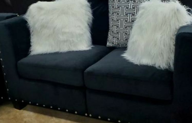 Beautiful black nailhead trim sofa, loveseat and chair. IN STOCK