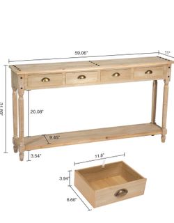 Wnutrees Farmhouse Console Table with 4 Drawers, 60" Long Narrow, Natural