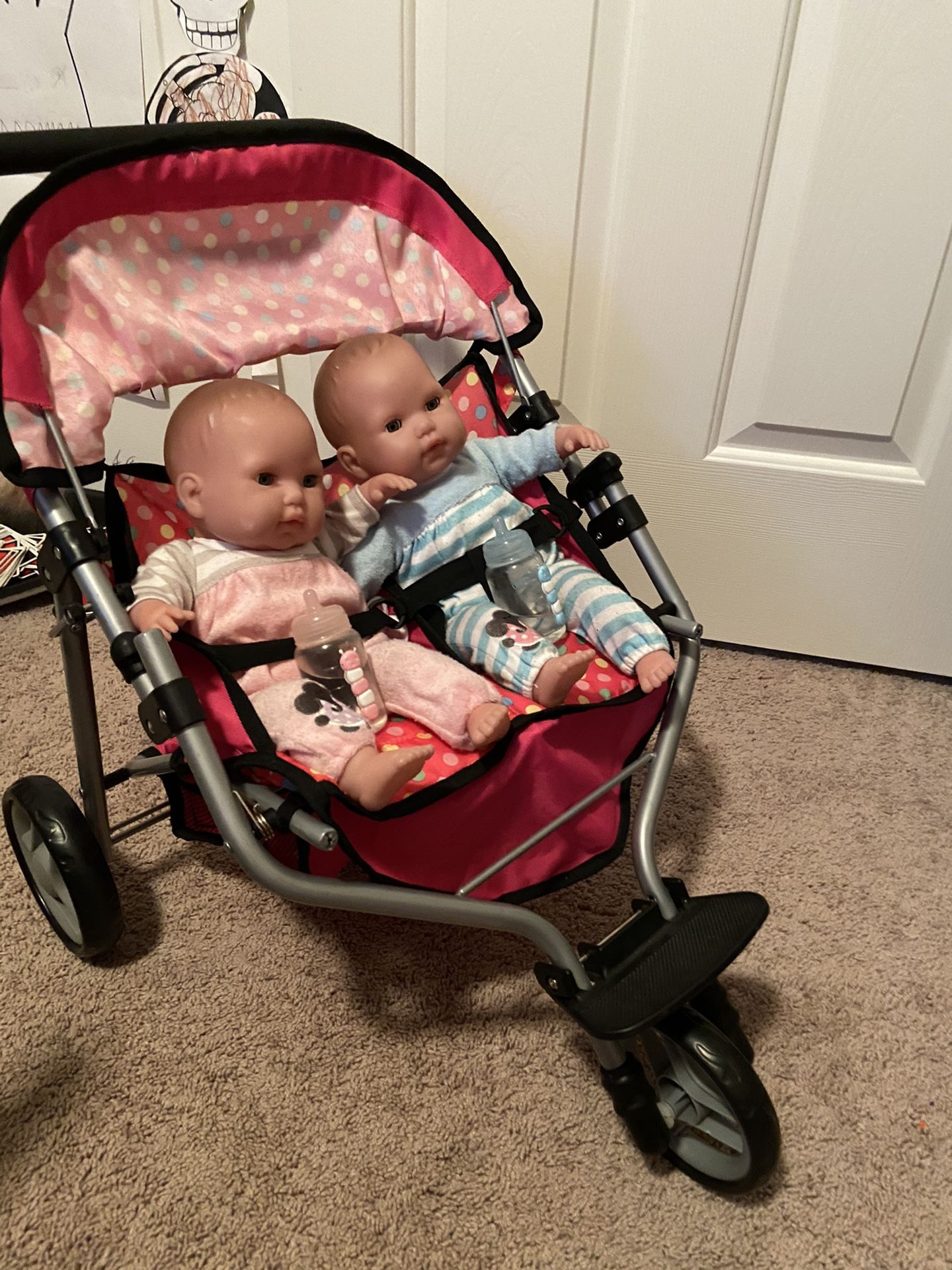 Twin Boy Girl Babies With Double Stroller And Doctor Set