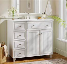 QD0004 36" Bathroom Vanity with Sink, Modern Bathroom Sink Cabinet with 3 Drawers & 2 Doors, Bath Storage Vanity Sink with Metal Handles, Solid Wood F