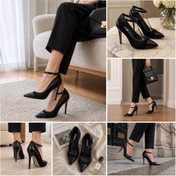 BCBGeneration Heels Women 7.5 Black Mesh Pointed Toe Ankle Strap Stiletto Pumps