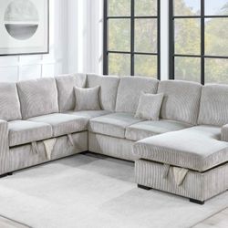 Ivory Corduroy Sectional Sleeper Sofa With Storage