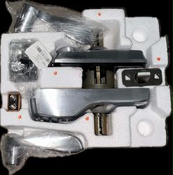 Schlage electronic keypad door locks with Elan lever handles in a satin chrome finish