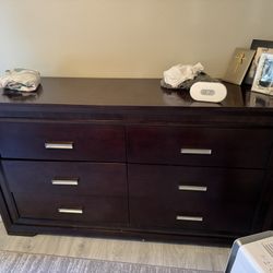 Large 6-Drawer Dark Solid Wood Dresser + Matching 2-Drawer Bedside Table