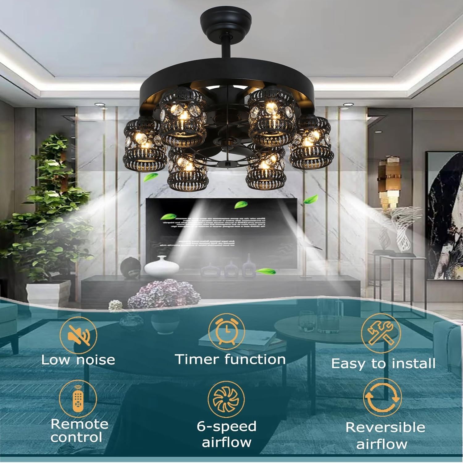 Modern Farmhouse 22 Inches Ceiling Fans with Lights and Remote Flush Mount Ceiling Fan Black 6 speed Reversible Mute Timed Caged Chandelier Fan Ind