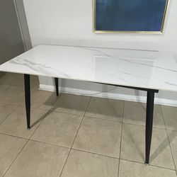 Modern Dining Table with Sintered Stone Table Top and Carbon Metal Base, 55/inch Rectangular White Kitchen Table, Fade Resistant, Scratch Res
