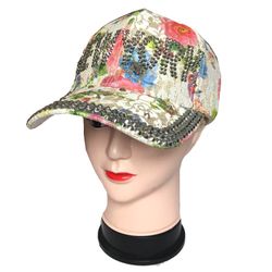 New York Women Floral Bling Bling Glittering Hat Adjustable Baseball Cap-Pink Blue