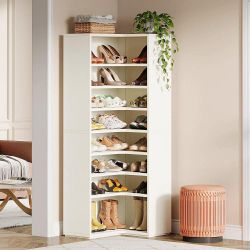 White Wood Corner Shoe Storage Cabinet, 8 Tier Shoe Organizer with Large Capacity for Entryway