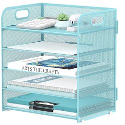 Supeasy 5 Trays Paper Organizer Letter Tray with Handle-Mesh Desk File Organizer, Paper Sorter Desk Organizer for Office, Home or School (Light Blue)