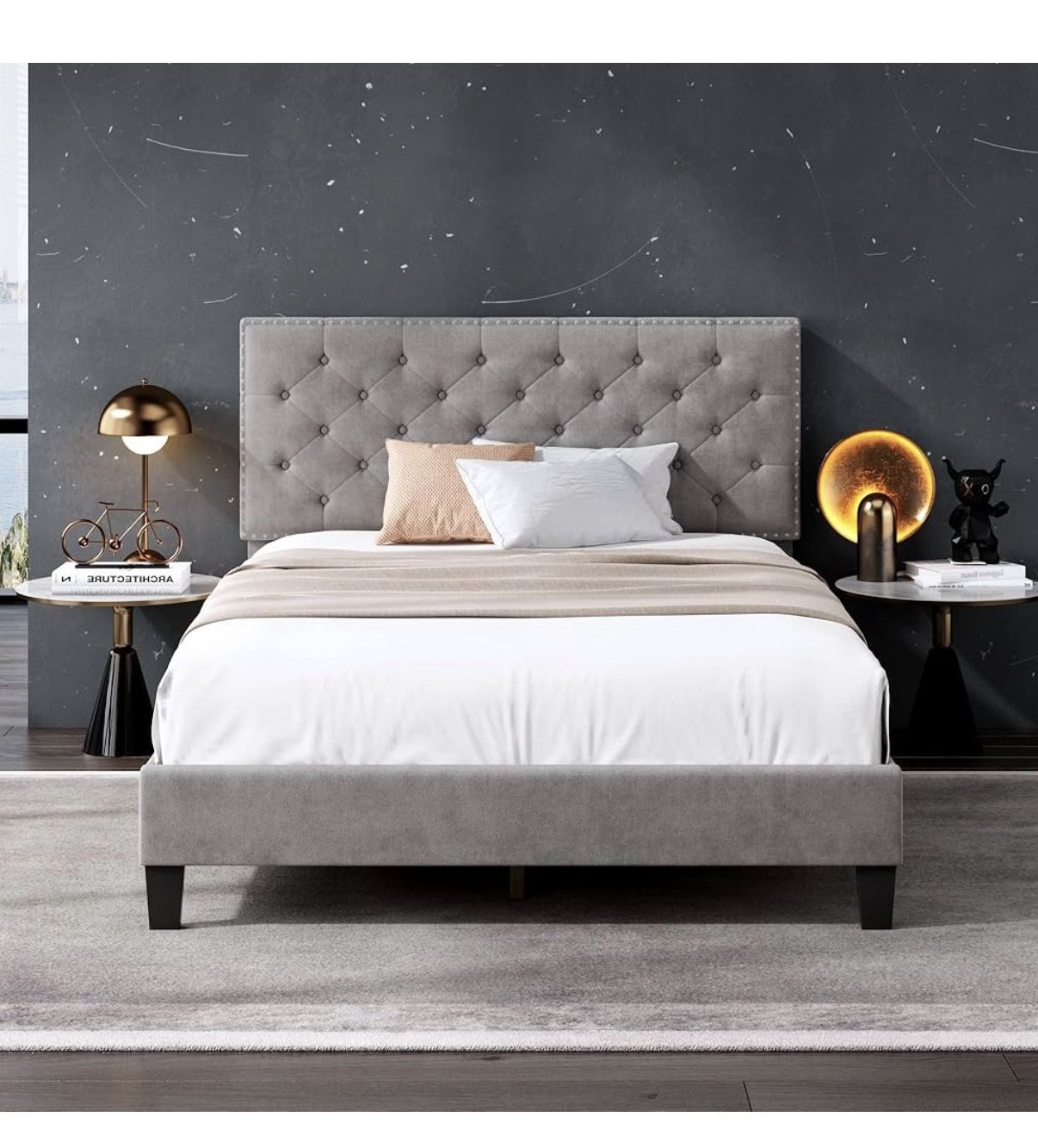 Full Size Bed Frame, Modern Upholstered Platform with Adjustable Headboard -