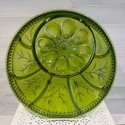 Vintage Indiana Glass Avocado Green Egg Hors D'Oeuvre 13" Glass Tray  In original box