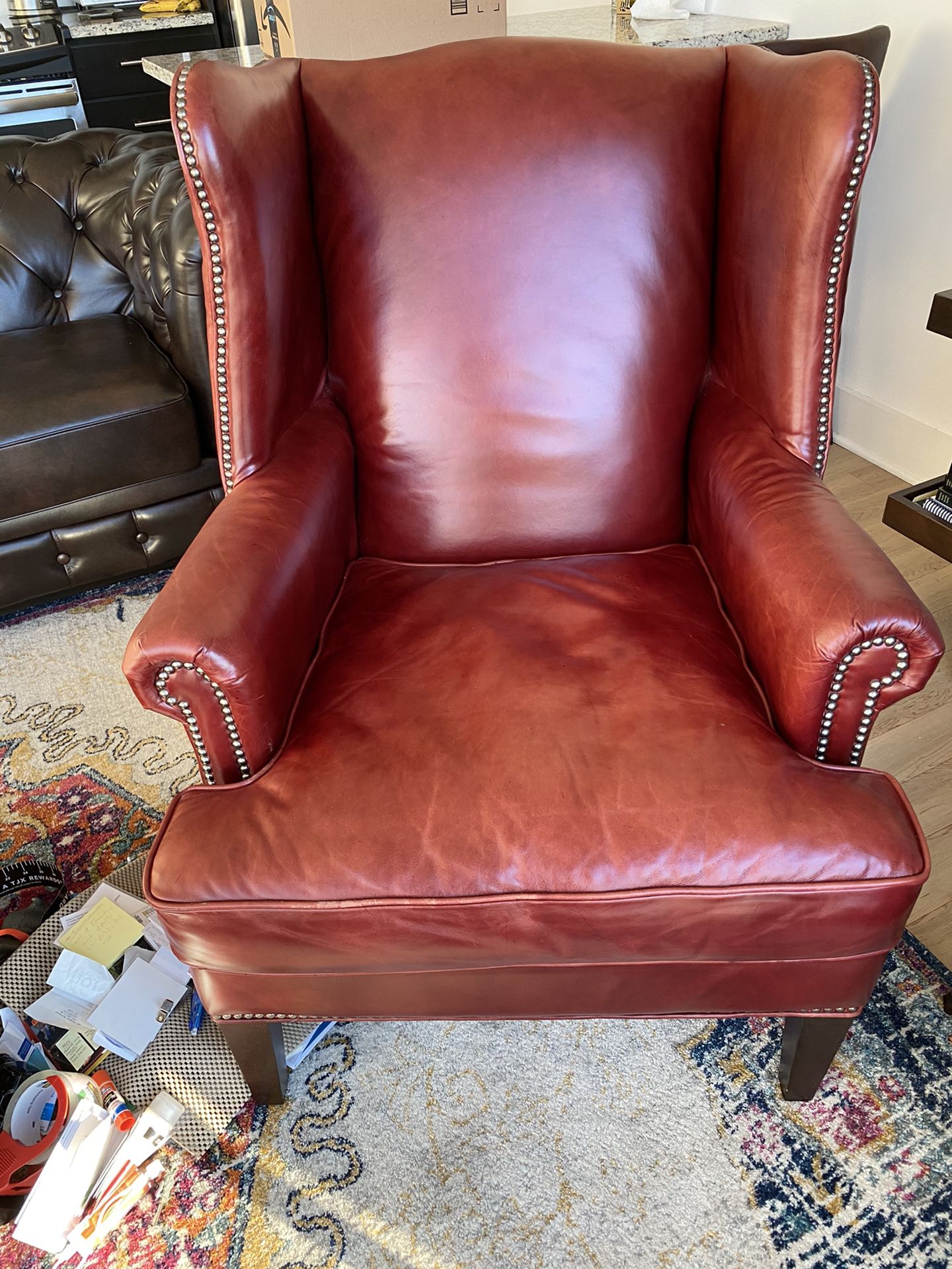 Genuine Leather Red Wingback Accent Chair