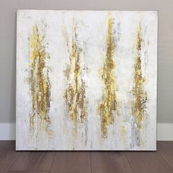 40x40 EXTRA LARGE Modern White And Gold Textured Glitter Canvas Wall Art