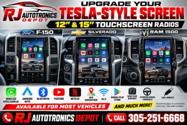 🚗 UPGRADE YOUR FACTORY RADIO!
🔥 12” & 15” TESLA-STYLE TOUCHSCREENS
✅ Wireless Apple CarPlay & Android Auto
✅ Bluetooth & Hands-Free Calling
✅ YouTub