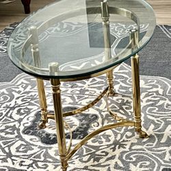 Oval Vintage Labarge Hollywood Regency Brass Glass Hooved Feet Cocktail Coffee Table