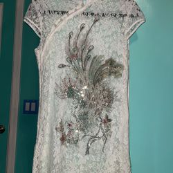 White Lace Chinese Tunic With Sequence Peacock And Pearls 