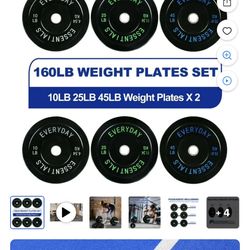160lb Bumper Plate Weight Plates Black with Steel Hub, Brand New In Box 160 lbs Set