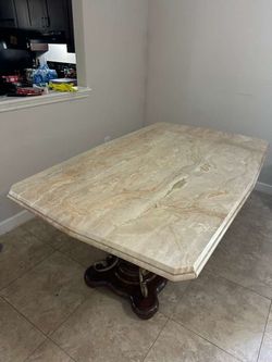 DINING TABLE WITH CHAIRS / STONE TOP/ HEAVY/ WOOD LEGS/ DELIVERY NEGOTIABLE