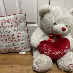 Lovely Decorative Pillow & Big 30” High Bear With A Red Color Heart $ 20 Each