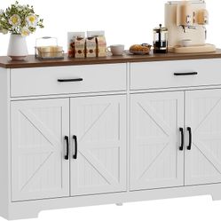  Modern Sideboard Buffet Cabinet with Storage, Farmhouse Kitchen Cabinet Buffet Table with Doors and Drawers, for Dining Room, White, 55"