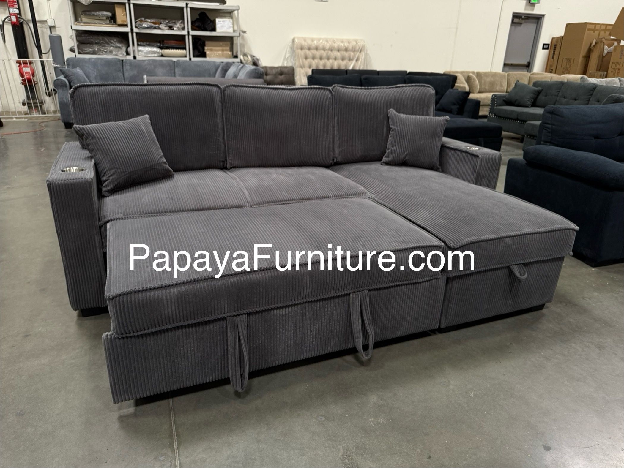 New! 89”L Reversible Grey corduroy Sectional Sofa Bed, Sectional Sofa Bed, Grey Sofa, Sleeper Sofa, Grey Couch, Reversible Sectional, Sectional Sofa