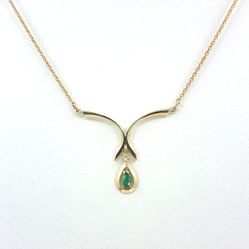 14K Yellow Gold V-Shape Pendant Necklace with Emerald & Diamond | 18 Inches, 3.07 grams