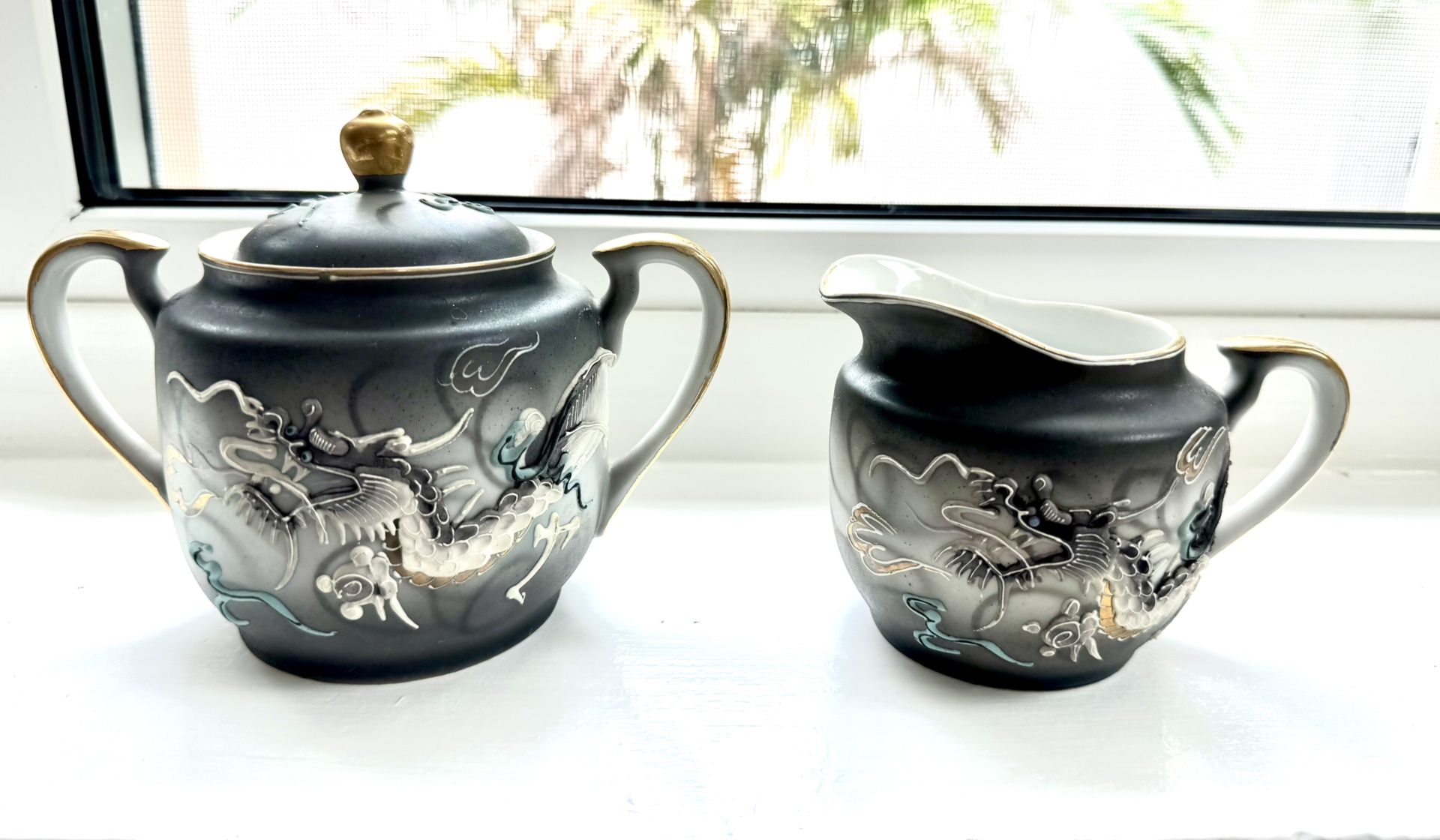 Japanese Moriage Dragonware Sugar And Creamer Set
